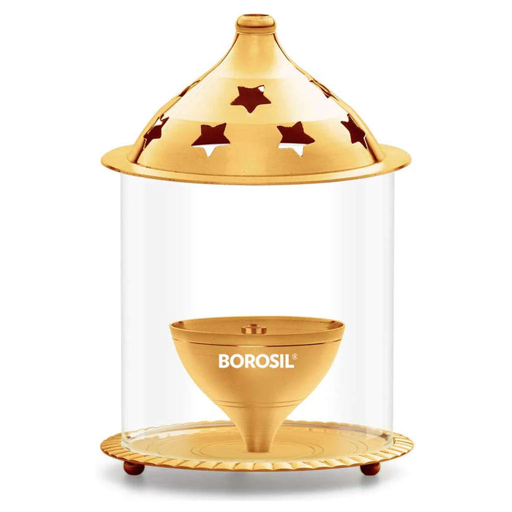 Borosil Brass Akhand Diya With Glass Chimney Large HDTRAKDB350