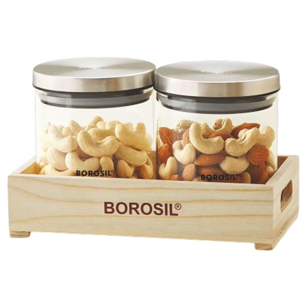 Borosil Classic Glass Storage Jar With Wooden Tray Set Of 2 600 ml BCLJRWT2600