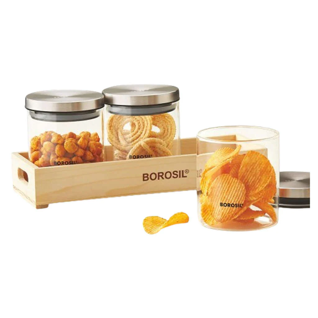 Borosil Classic Glass Storage Jar With Wooden Tray Set Of 3 600 ml BCLJRWT3600