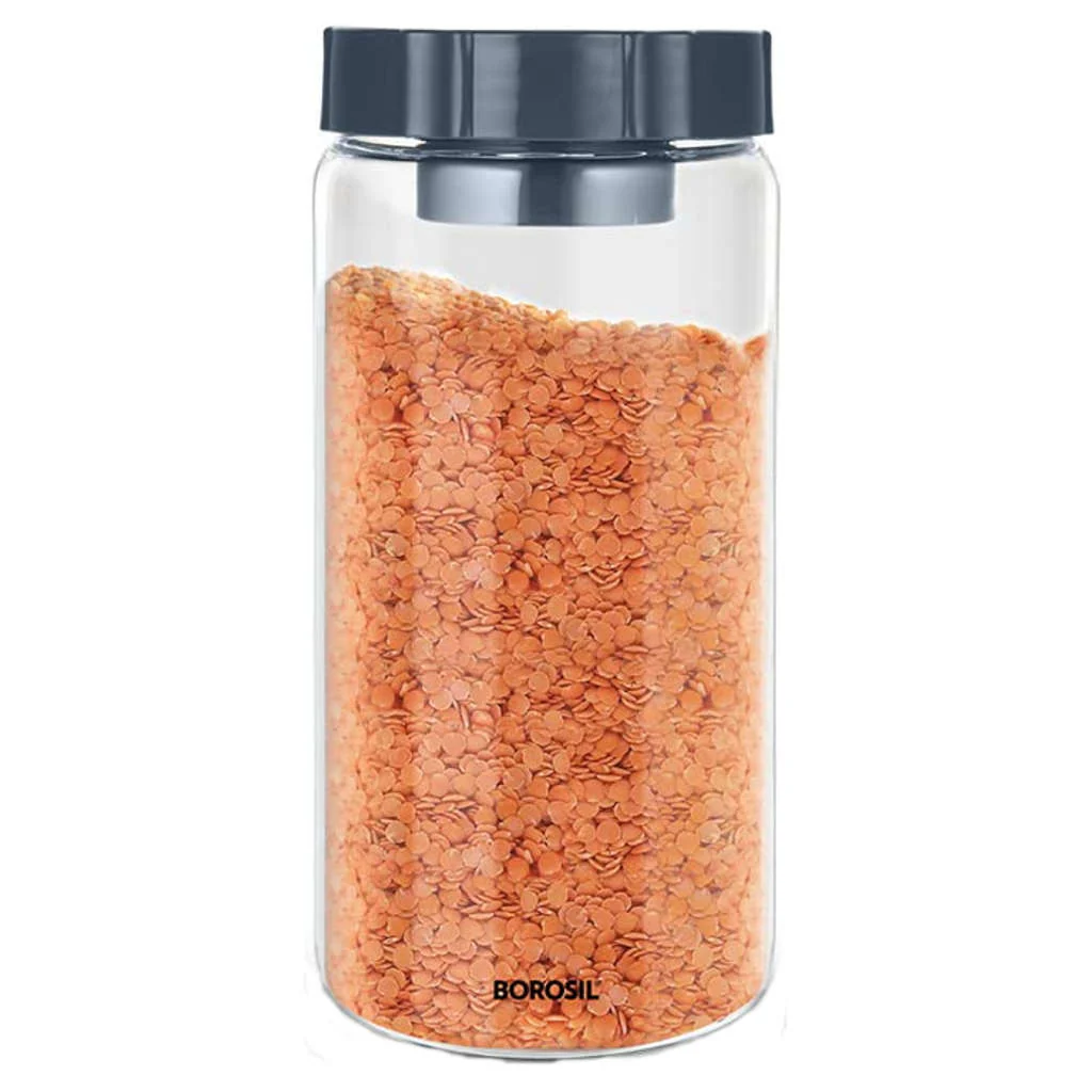 Borosil EasyScoop Endura Airtight Glass Storage Jar With PP Gray Lid 1.2 Litre BVGJESP1200