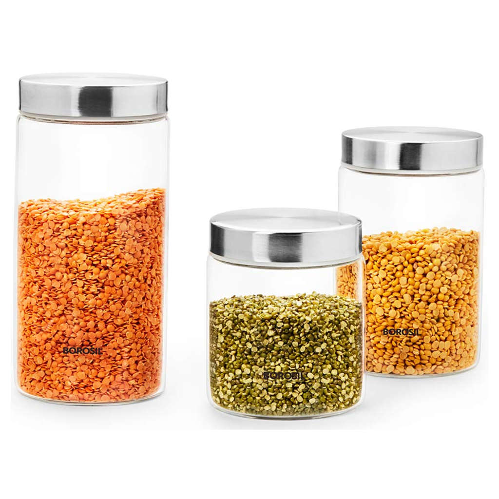 Borosil Endura Airtight Glass Storage Jar With Stainless Steel Lid Set Of 3 (750ml + 1Litre + 1.3Litre) BVVGJRS3713