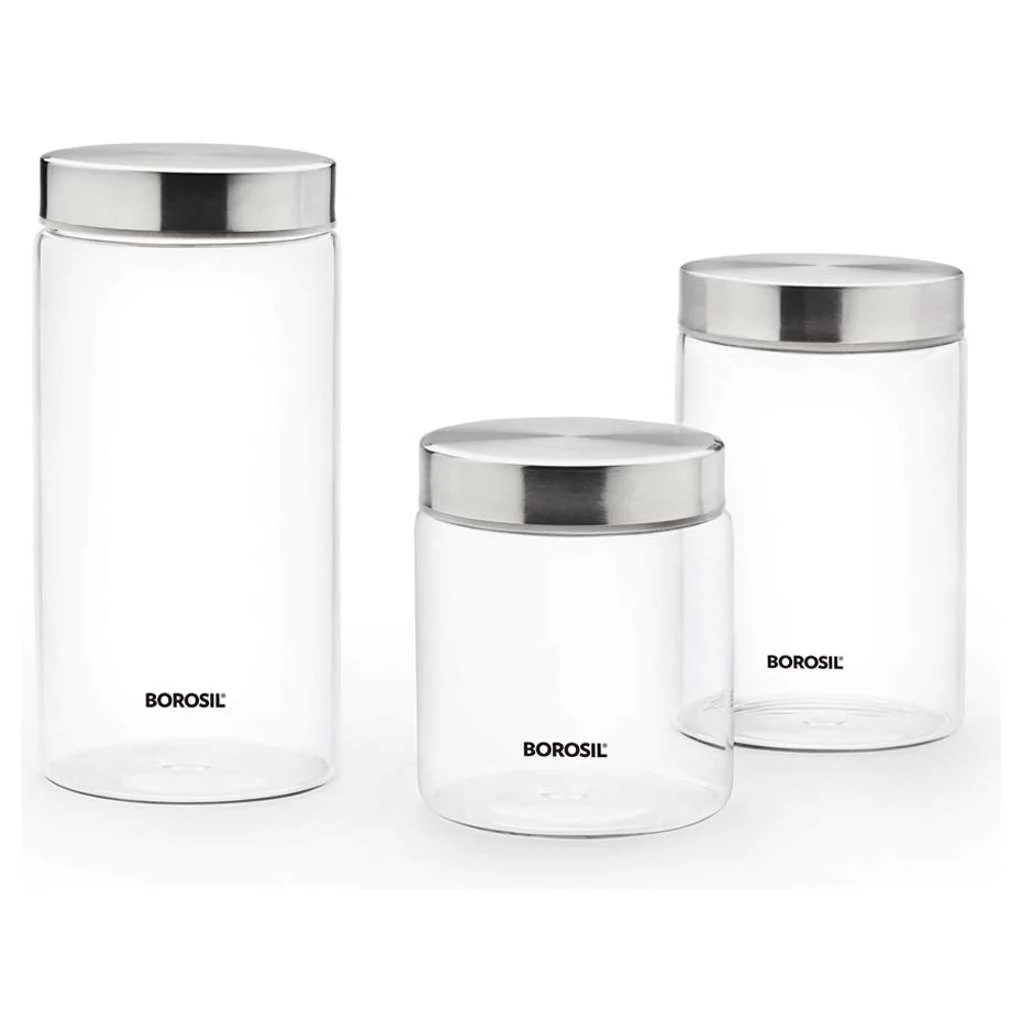 Borosil Endura Airtight Glass Storage Jar With Stainless Steel Lid Set Of 3 (750ml + 1Litre + 1.3Litre) BVVGJRS3713 - Image 2