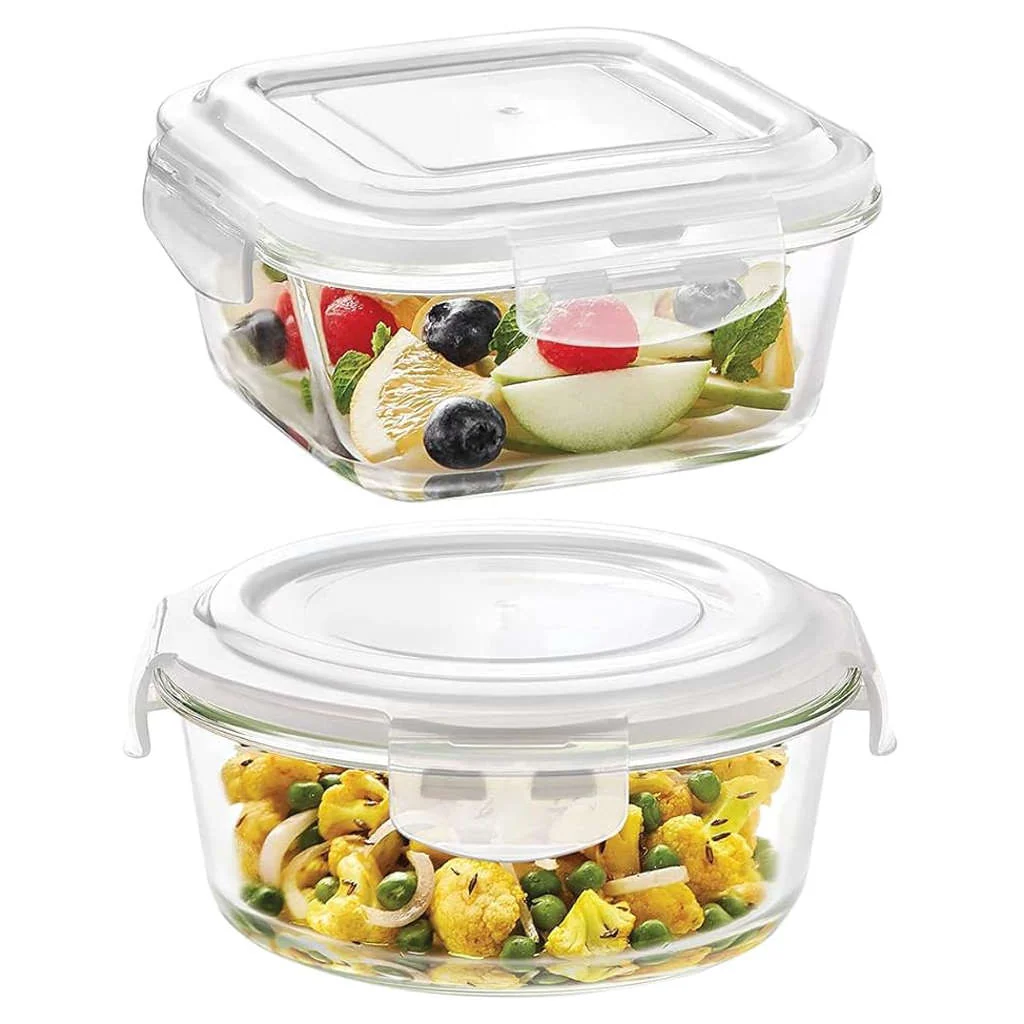 Borosil Klip N Store Square + Round Glass Storage Container Set Of 2 (320ml + 400ml) ICYSQRD201T