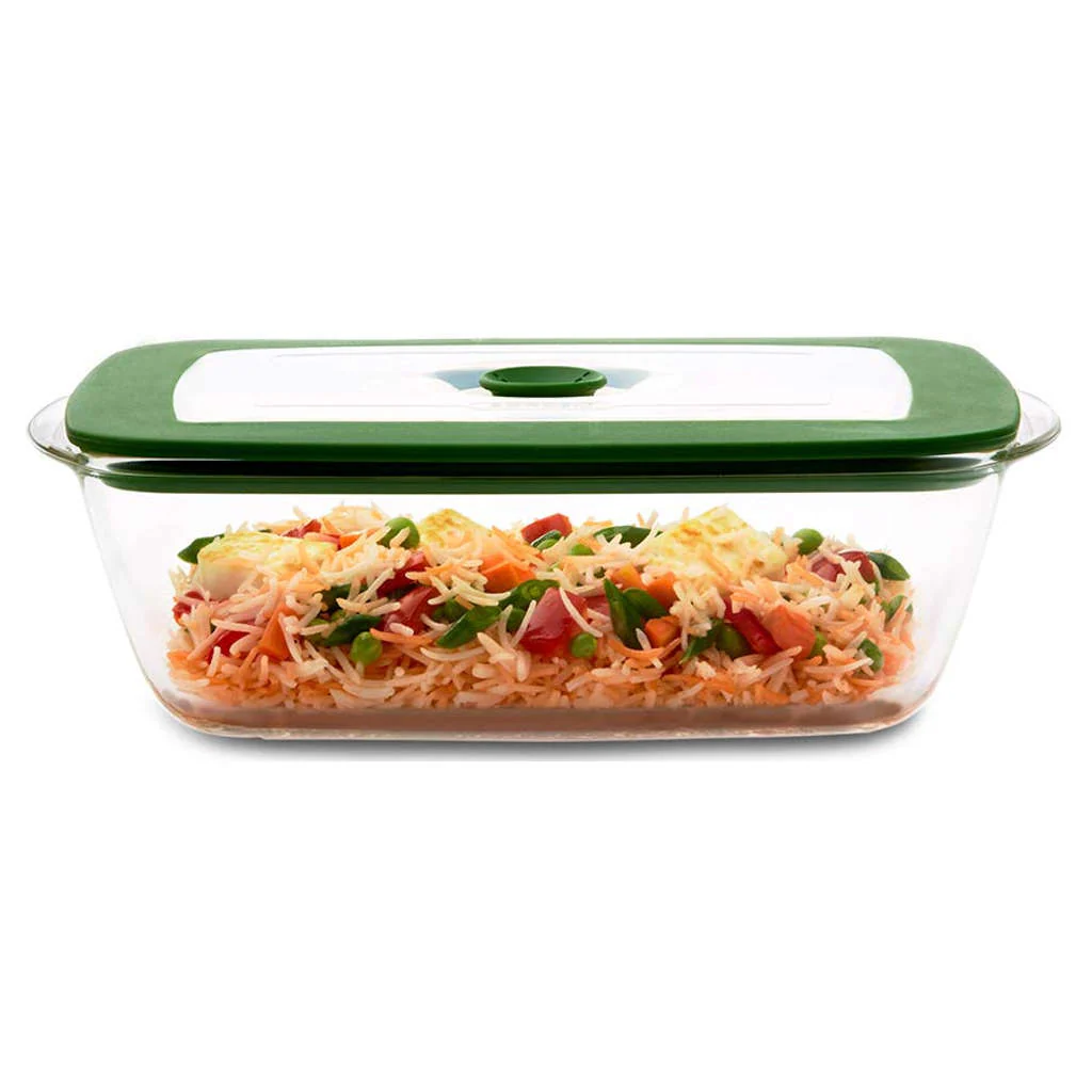 Borosil Rectangular Glass Dish With Green Lid 2.6 Litre IYREGRL2600