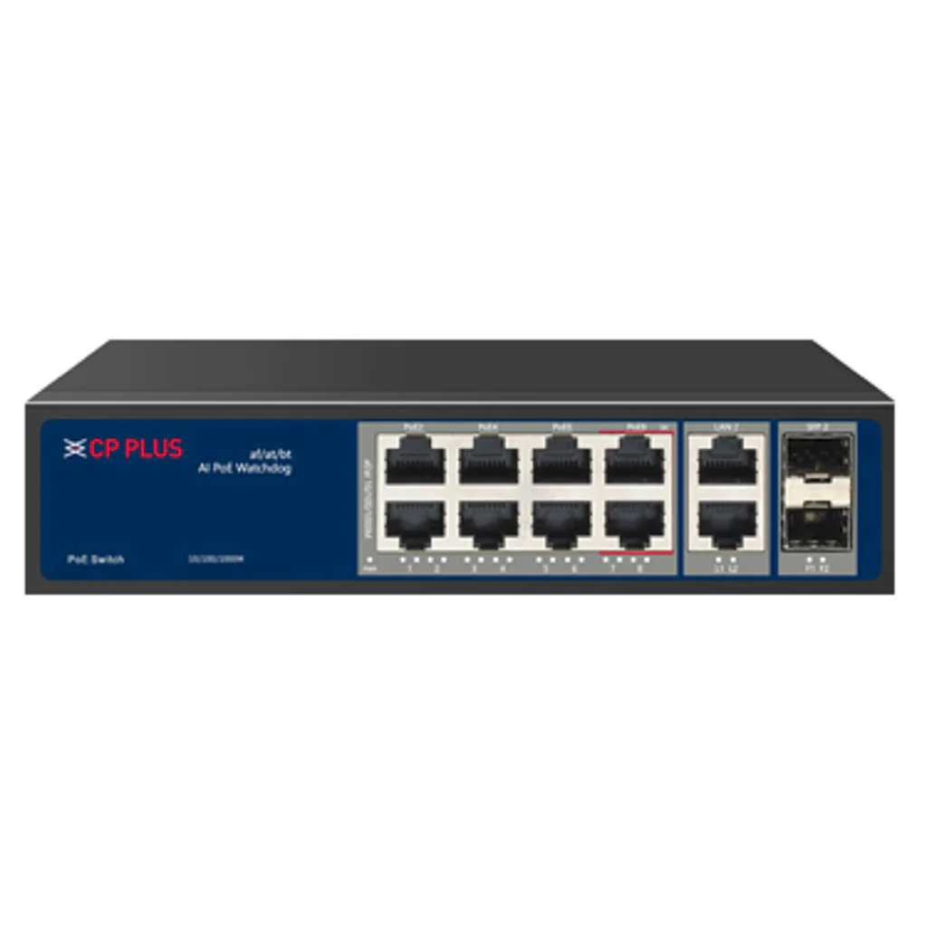 CP Plus 8x Gigabit PoE With 2x Gigabit & SFP Uplink Ports Unmanaged PoE Switch CP-ANW-GPU8G2F2-N12