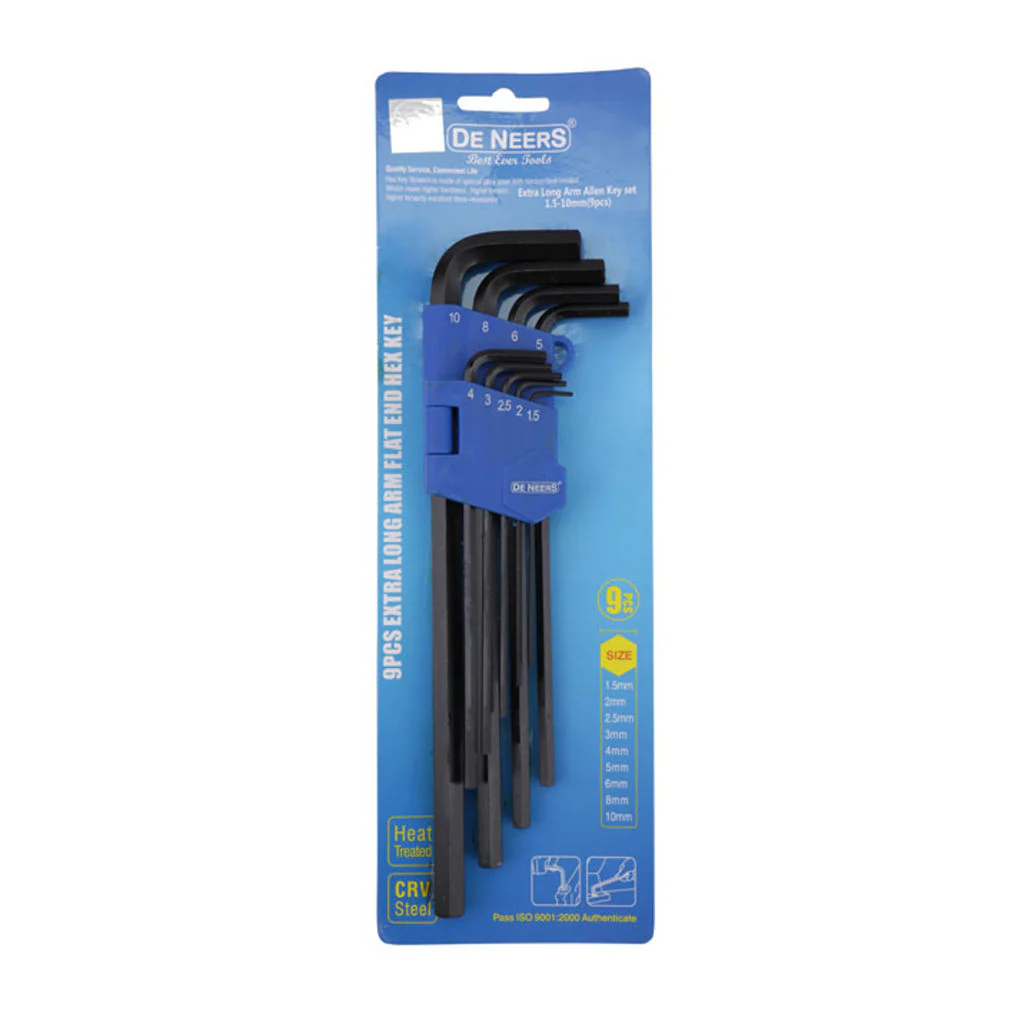 De Neers Extra Long Arm Hex Allen Key Set DNXLONG9L