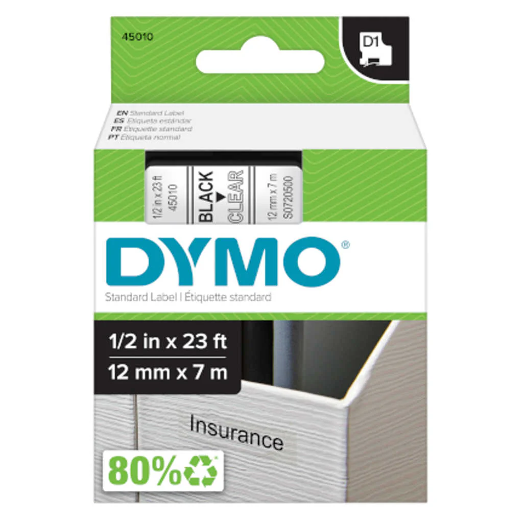Dymo S0720500 D1 Label Tape Black on Clear 12mm x 7m 45010 - Image 2