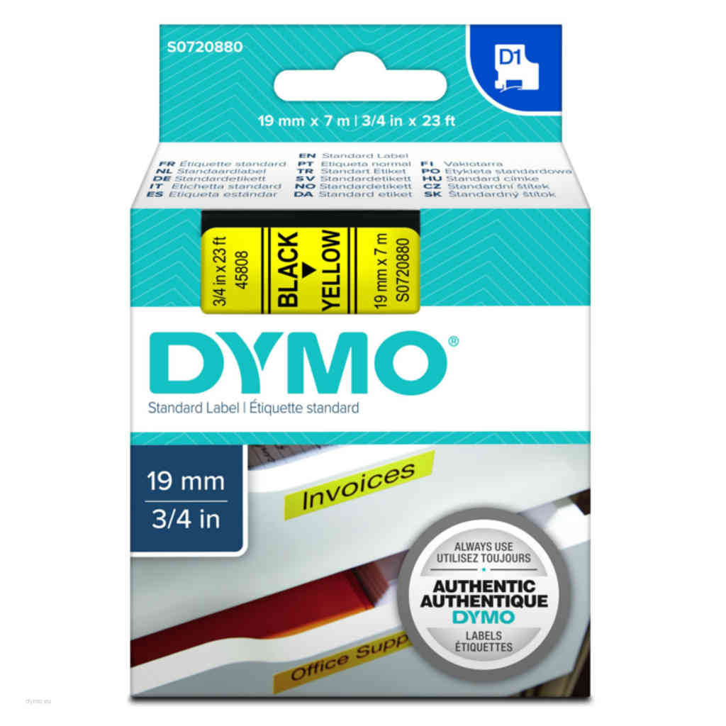 Dymo S0720880 D1 Label Tape Black on Yellow 19mm x 7m 45808