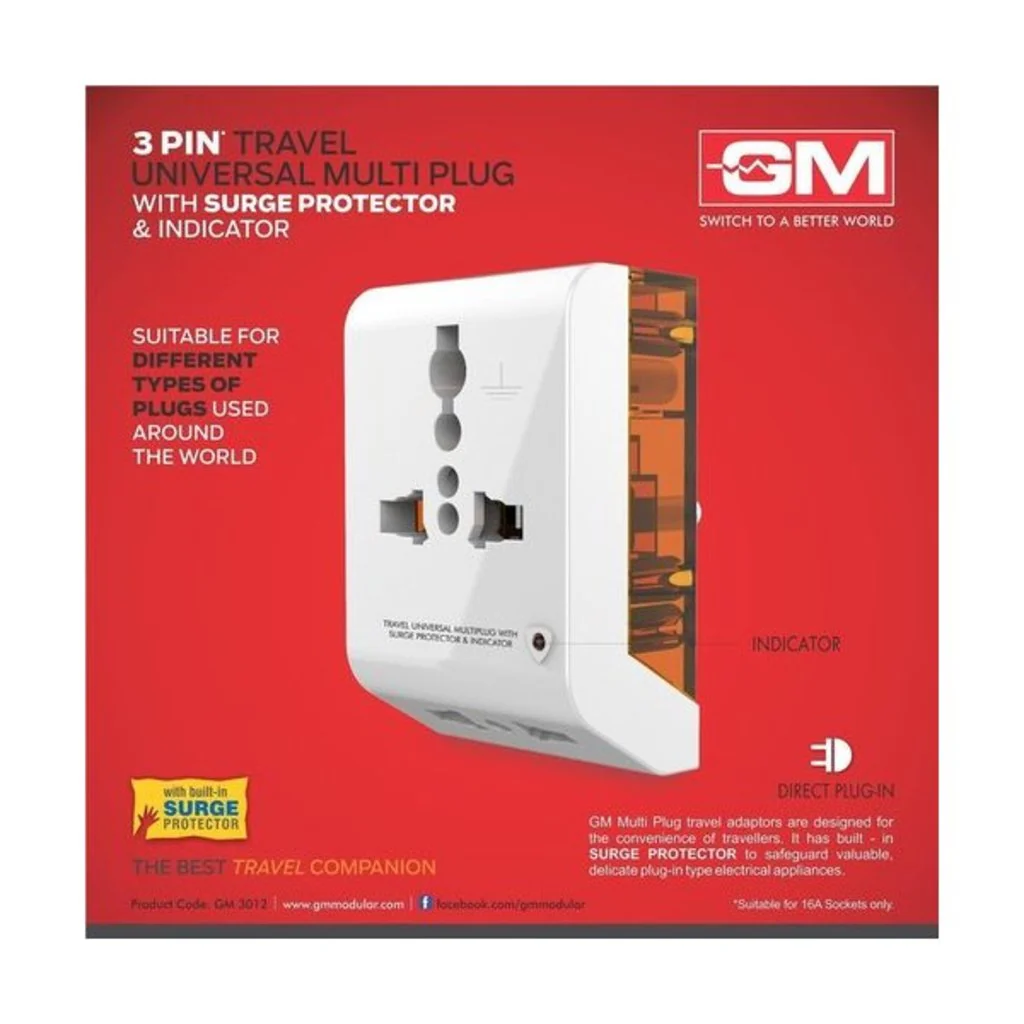 GM 3 Pin Travel Universal Multi Plug with Surge Protector & Indicator – GM3012 - Image 3
