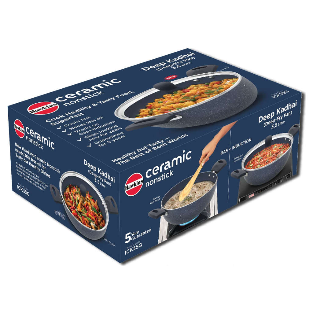 Hawkins Ceramic Nonstick Deep Kadai With Lid 3.5 Litre ICK 35G - Image 2