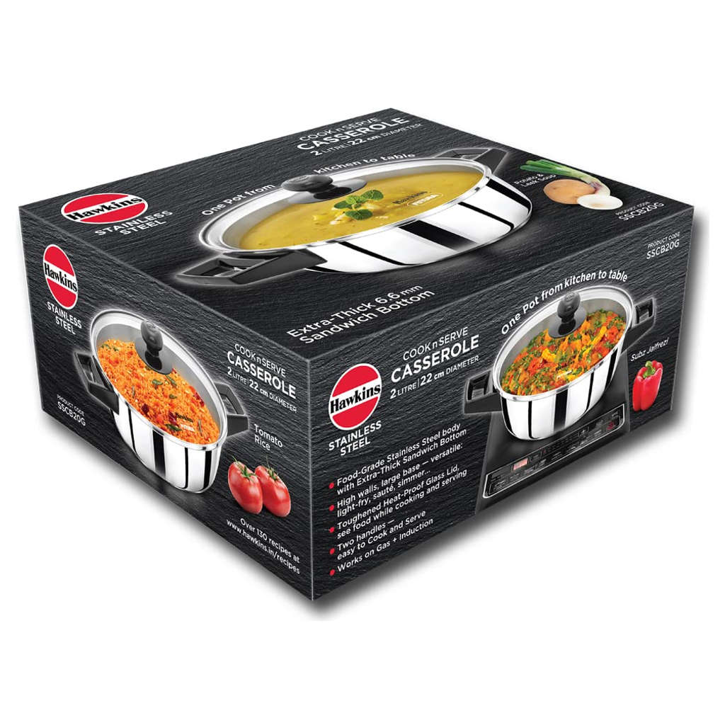 Hawkins Stainless Steel Cook N Serve Casserole With Glass Lid 2 Litre SSCB 20G - Image 2