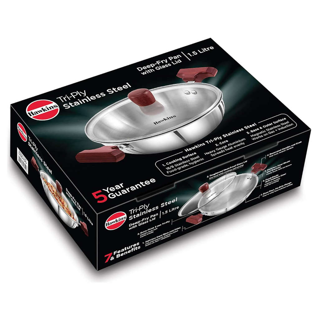 Hawkins Tri-Ply Stainless Steel Deep Fry Pan With Lid 1.5 Litre SSD 15G - Image 2