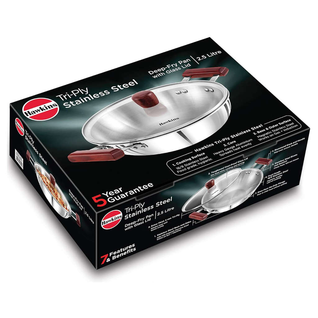Hawkins Tri-Ply Stainless Steel Deep Fry Pan With Lid 2.5 Litre SSD 25G - Image 2