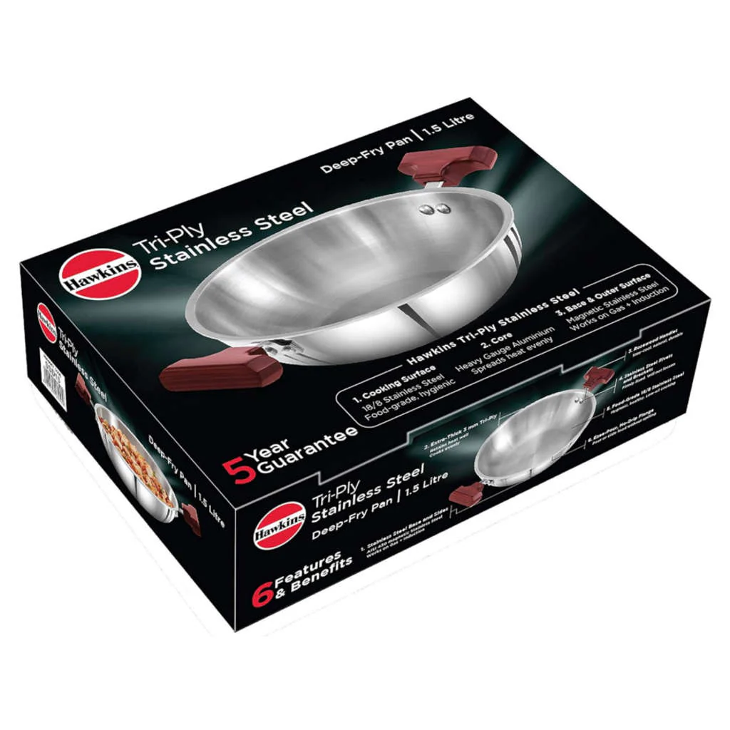 Hawkins Tri-Ply Stainless Steel Deep Fry Pan Without Lid 1.5 Litre SSD 15 - Image 2