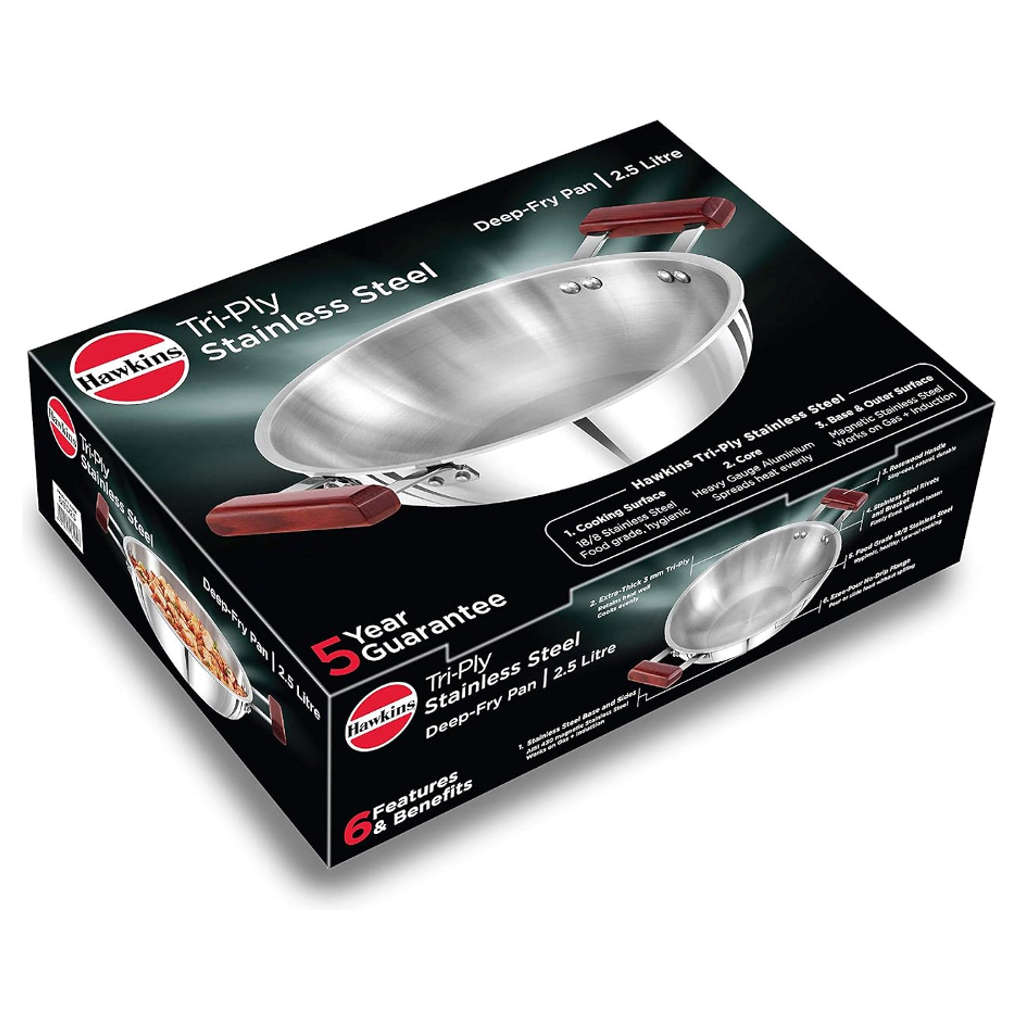 Hawkins Tri-Ply Stainless Steel Deep Fry Pan Without Lid 2.5 Litre SSD 25 - Image 2