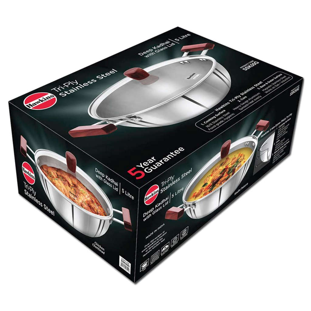 Hawkins Tri-Ply Stainless Steel Deep Kadai With Lid 5 Litre SSK 50G - Image 2