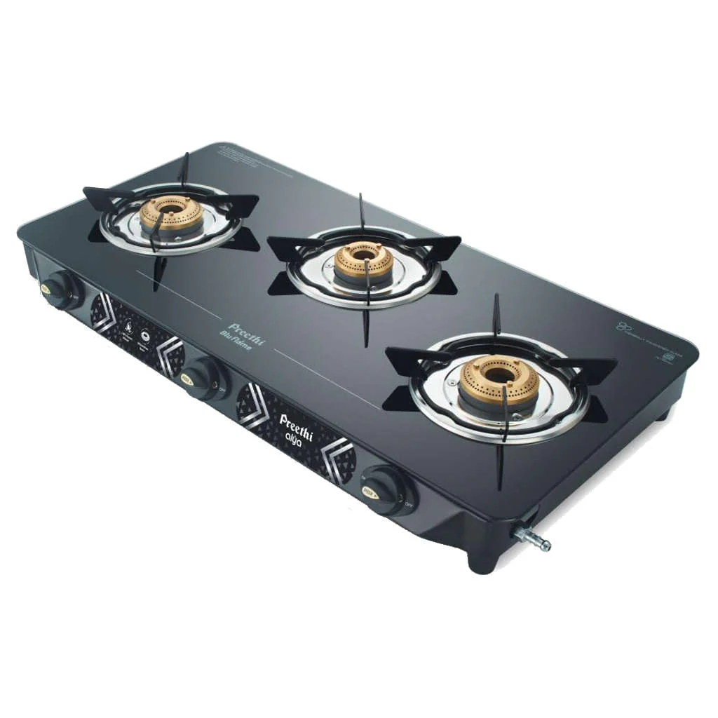Preethi Alya Glass Top Gas Stove 3 Burner With Bati Stand Black GTS 413 - Image 3