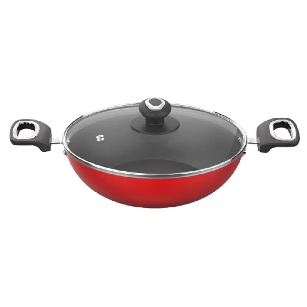 Preethi Dura Collection Non Stick Kadai Induction Base With Glass Lid 26cm Red CSW033