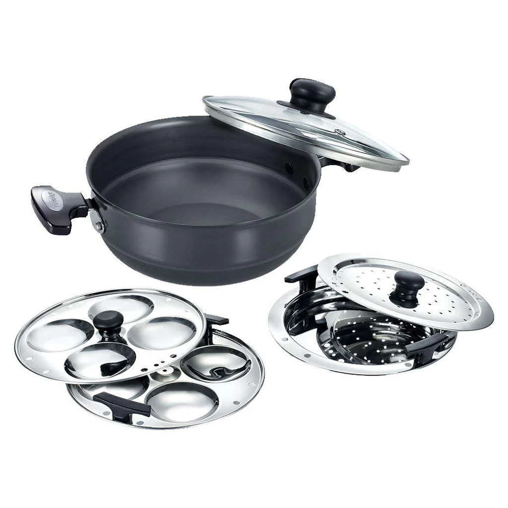 Prestige Hard Anodised Induction Base Multi Kadai With Glass Lid (Dhokla,Patra,Idli Plates) 22cm Black 30610