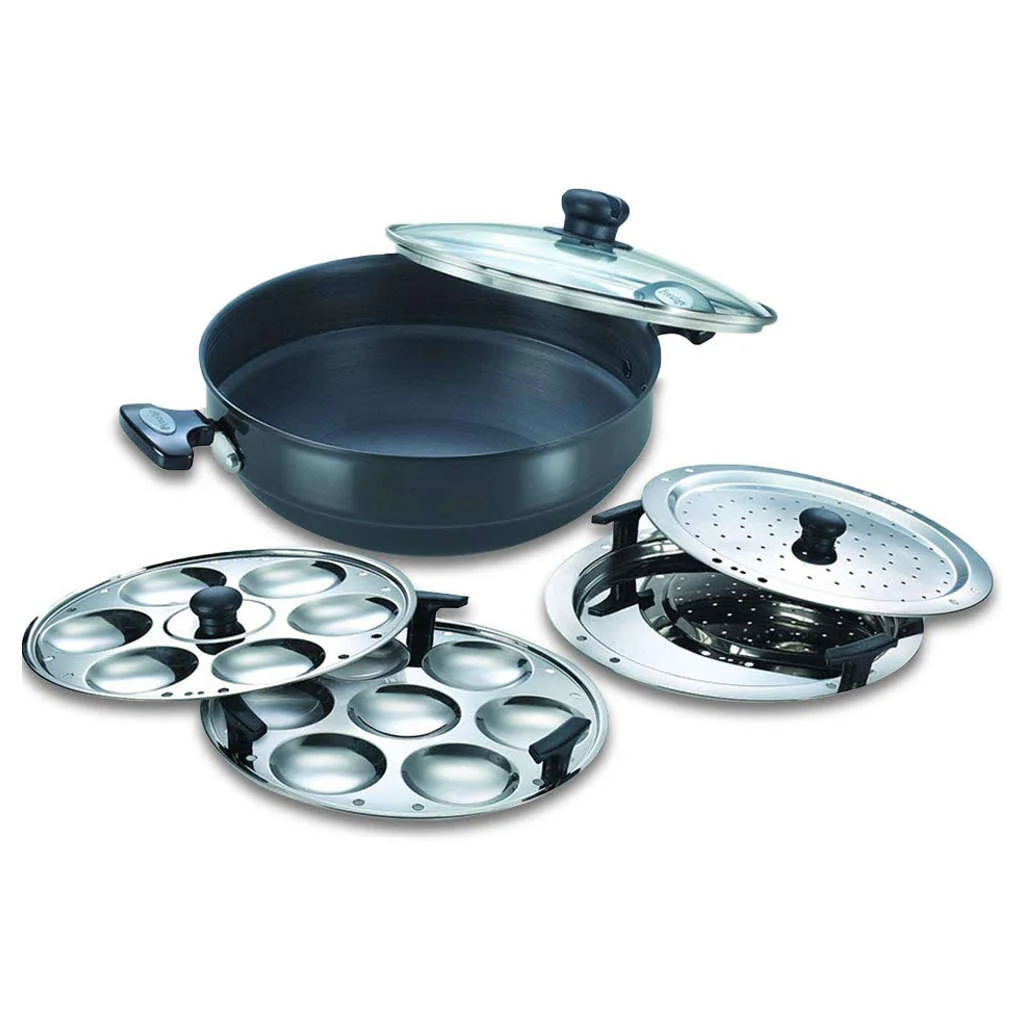 Prestige Hard Anodised Induction Base Multi Kadai With Glass Lid (Dhokla,Patra,Idli Plates) 28cm Black 30609