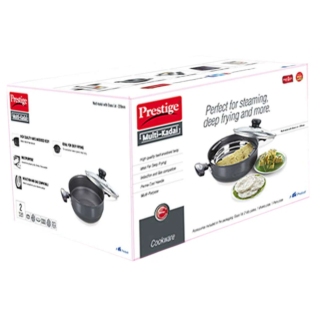 Prestige Hard Anodised Induction Base Multi Kadai With Glass Lid (Dhokla,Patra,Idli Plates) 28cm Black 30609 - Image 2