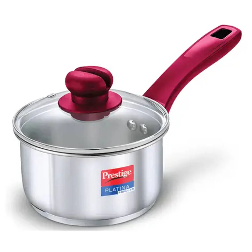 Prestige Platina Popular Stainless Steel Sauce Pan With Glass Lid 14 cm Silver 36881